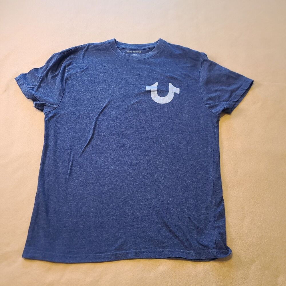 True Religion Allover Silver Logo Print Youth Size Large Blue Short Sleeve